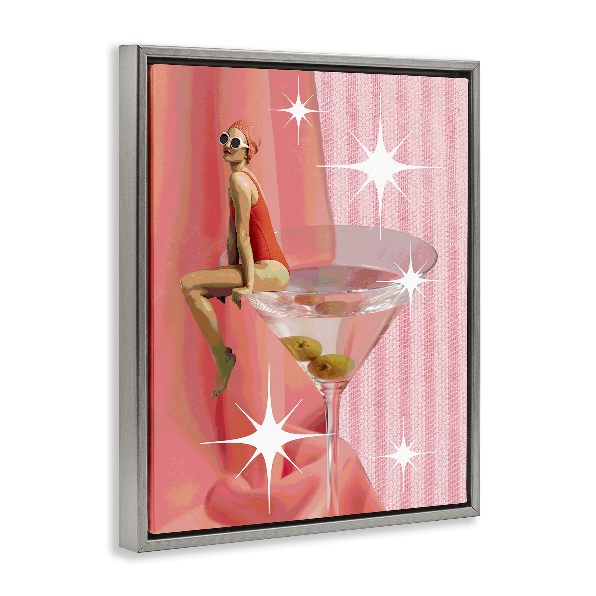 Stupell Industries Vintage Swimmer on Drink Food & Beverage Painting Gray Floater Framed Canvas Art Print Wall Art, 25 x 31