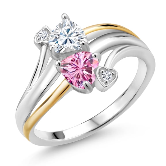 Gem Stone King 925 Silver and 10K Yellow Gold Pink Moissanite Lab Grown Diamond Ring Set with Moissanite (0.94 Cttw, Size 5)