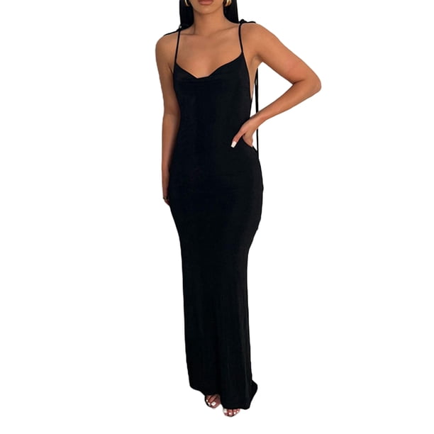VISgogo Vestido sin mangas con espalda abierta para mujer, falda larga hasta el suelo con correa de espagueti de color sólido, negro/beige/azul VISgogo moda