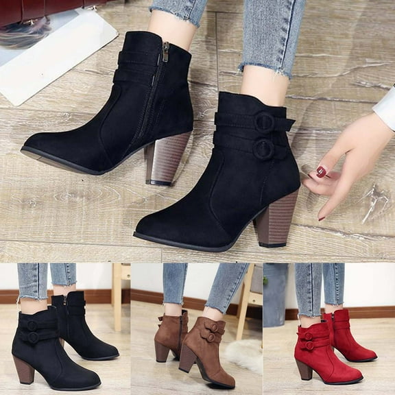 Womens Boots Round Toe Chunky Heel Side Zipper High Heel Ankle Short Boots Women's Fashionable Casual Versatile Fall Winter Comfortable Dressy Boots