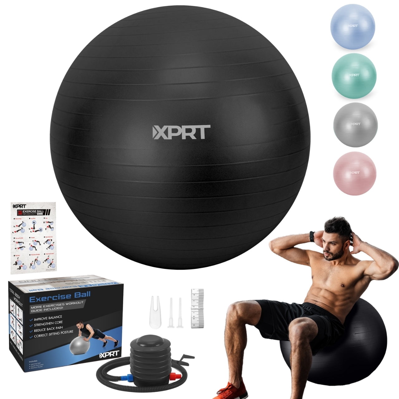 XPRT Fitness 55 cm Black Exercise Ball, Heavy-Duty Anti-Burst Yoga Stability Ball with Foot Pump for Office and Home Use