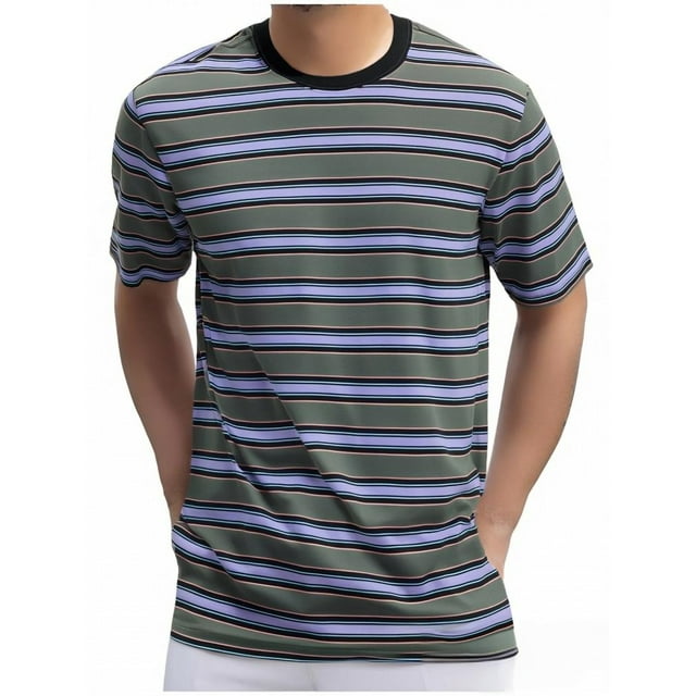 Tops para hombre, blusas y camisas de cuello redondo y manga corta para hombre, top casual de verano para hombre, top/camisa de cuello redondo y manga corta con solapa y estampado a rayas para hombre,