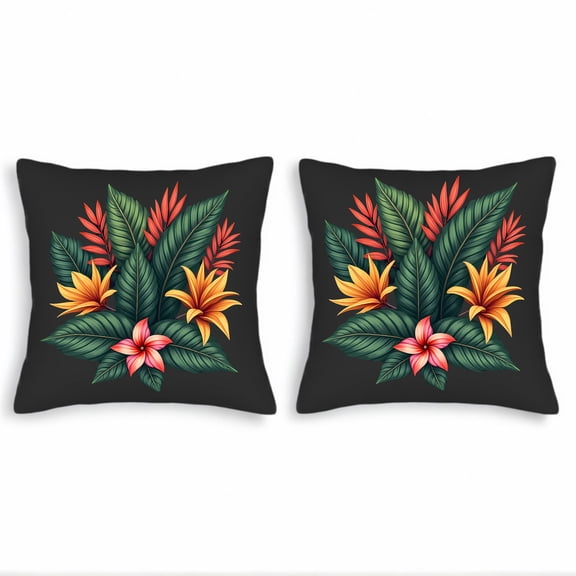 Vibrant Floral Throw Pillow Covers 18x18in Set of 2 - Tropical Design with Bright Orange Flowers & Green Leaves for Couch Bed Car Decor