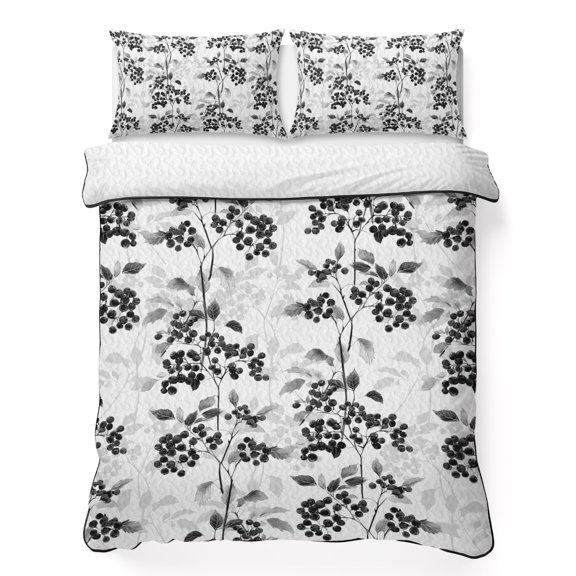 Black Leaf Fruit 3 Piece Quilt Bedding Set with 2 Pillow Shams, Plant Nature Lightweight Bedspread Coverlet, Soft Breathable All Season Quilt, 68 x 86 Inch