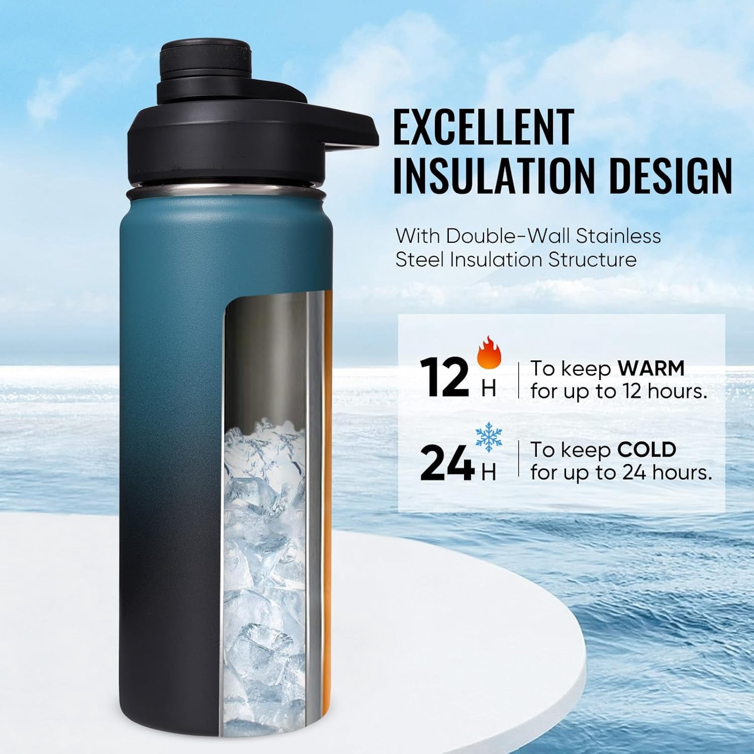 EP 18 oz Insulated Water Bottle with Handle, 304 Stainless Steel Water Bottles with Wide Mouth, Double Wall Vacuum Sports Water Bottle, BPA Free, Keep Cold and Hot, Blue&Black