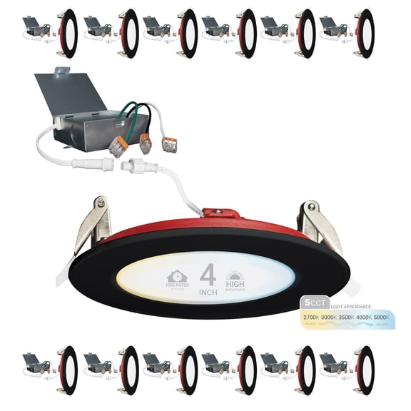NuWatt 4 Inch 2 HR FIRE Rated LED Recessed Downlight, 5CCT Selectable, Dimmable, Black Trim 12 Pack