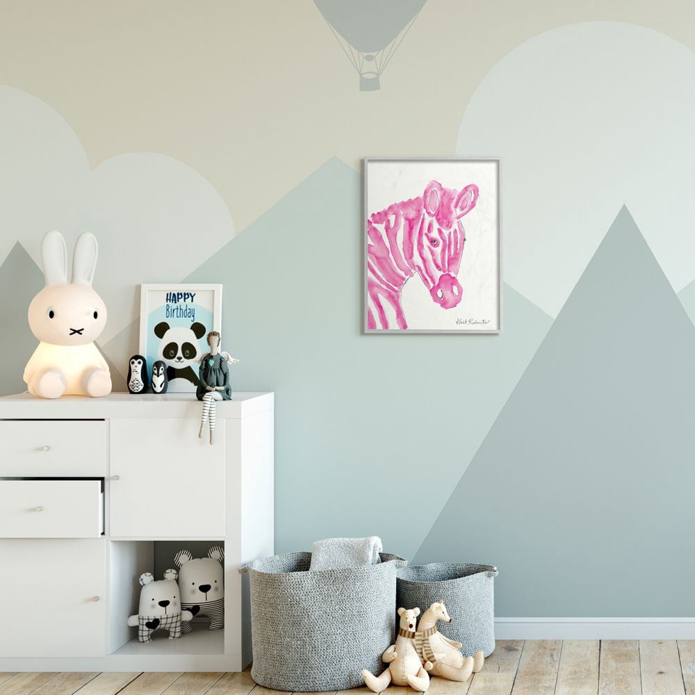 Stupell Industries Kid's Watercolor Zebra Portrait Pink Stripe Zoo Animal Framed Wall Art Design by Kait Roberts, 16" x 20", Gray Framed