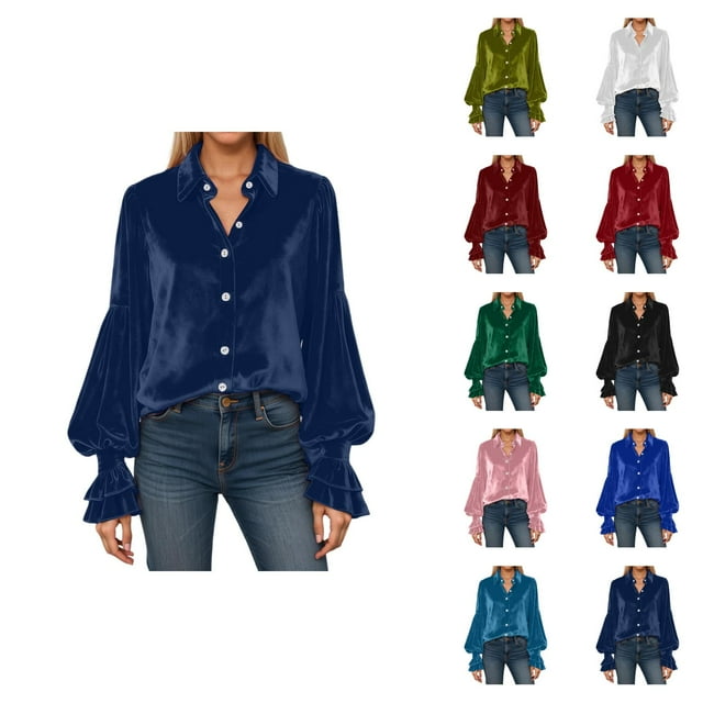 Velvet Tops for Women 2026 Spring Fashion Long Sleeve Button Down Lapel Collared Ruffle Casual Shirt Blouse Top