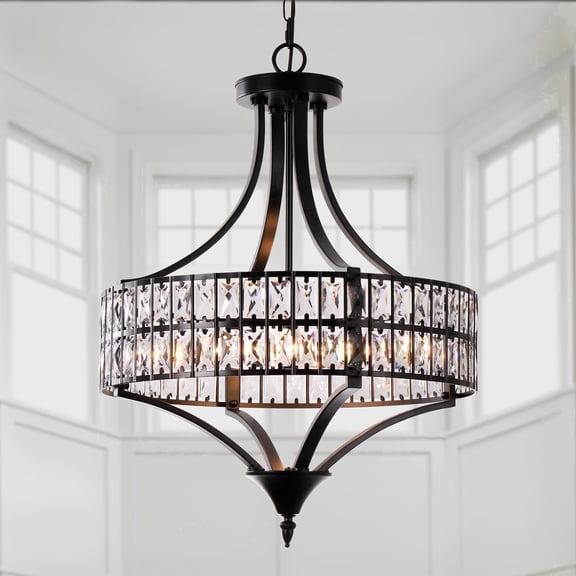 5-Light Shabby Chic Black Drum Crystal Chandelier Fixture for Dining Room and Living Room