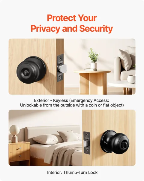 6 Pack Matte Black Door Knobs,Keyless Privacy Knobs with Round Ball and Thumb Turn Lock,Durable All-Metal Hardware for Modern Bedroom and Bathroom Decor