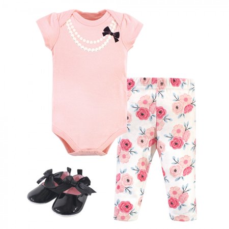 

Little Treasure Baby Girl Cotton Bodysuit Pant and Shoe 3pc Set Black Pink Pearls 12-18 Months