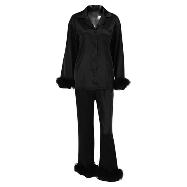Faithtur Pyjama pour Femmes, Décoration en Plumes, Haut à Manches Longues Boutonné à Col à Revers + Pantalon, Ensemble