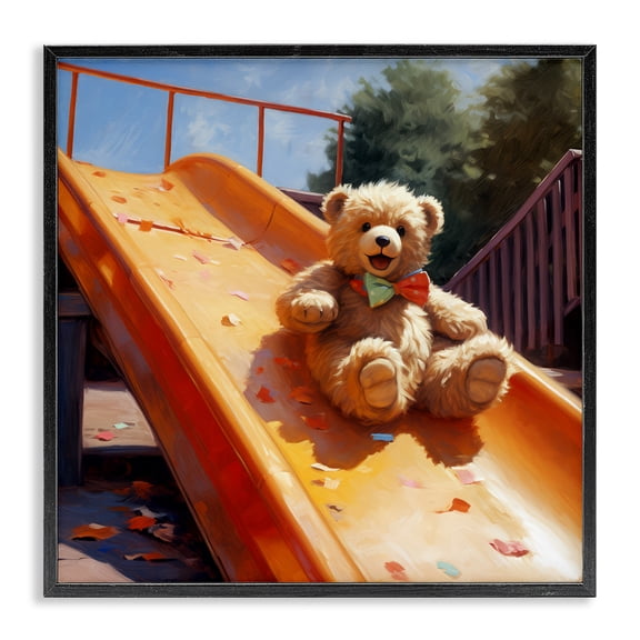 Stupell Industries Contemporary Teddy Bear on Slide Black Framed Giclee Art, 12 x 12, by Ray Powers