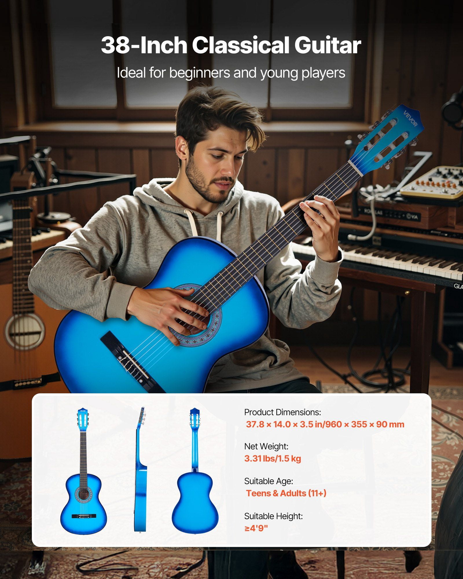 Classical Guitar 38 Inch Beginner Kit with Nylon Strings Gig Bag Strap Tuner Extra Strings Picks Capo Basswood Blue for Teenagers Adults Students