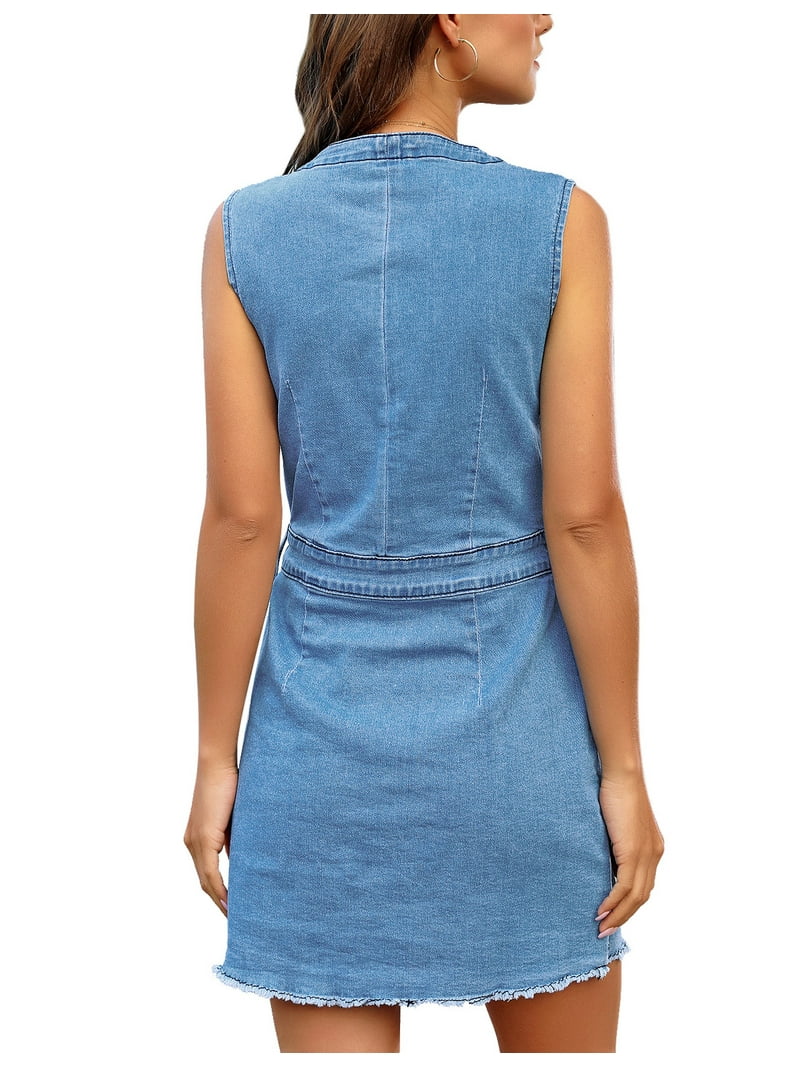 luvamia Denim Dress for Women Frayed Hem Knee Length Sleeveless