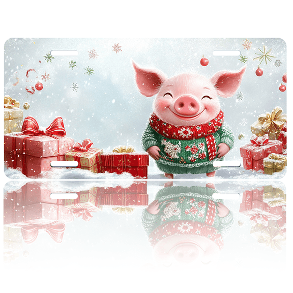 1 Pcs 2D Flat License Plate Covers & Frames, Christmas Pig For Decorative Front, Waterproof For Decoration Aluminum License Plate Covers & Frames Cover For Men Women, 12" X 6"