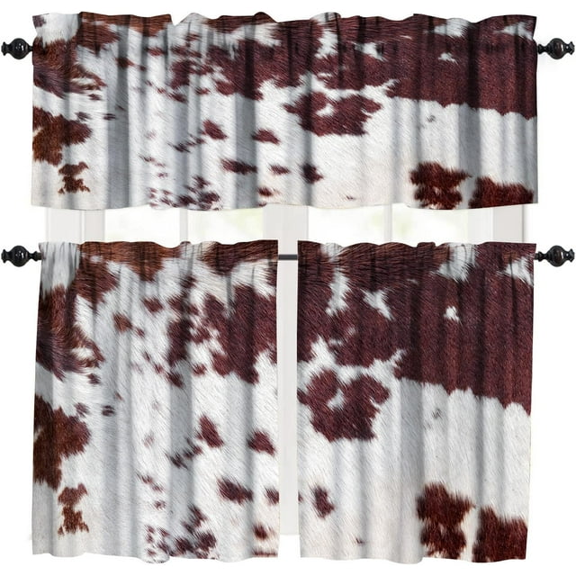 Cowhide Print Valance,Farm Animals Cow Brown 3D Fur Retro Pattern,Home Living Room Kitchen Decorative Window Curtains Valance,3 Piece Set