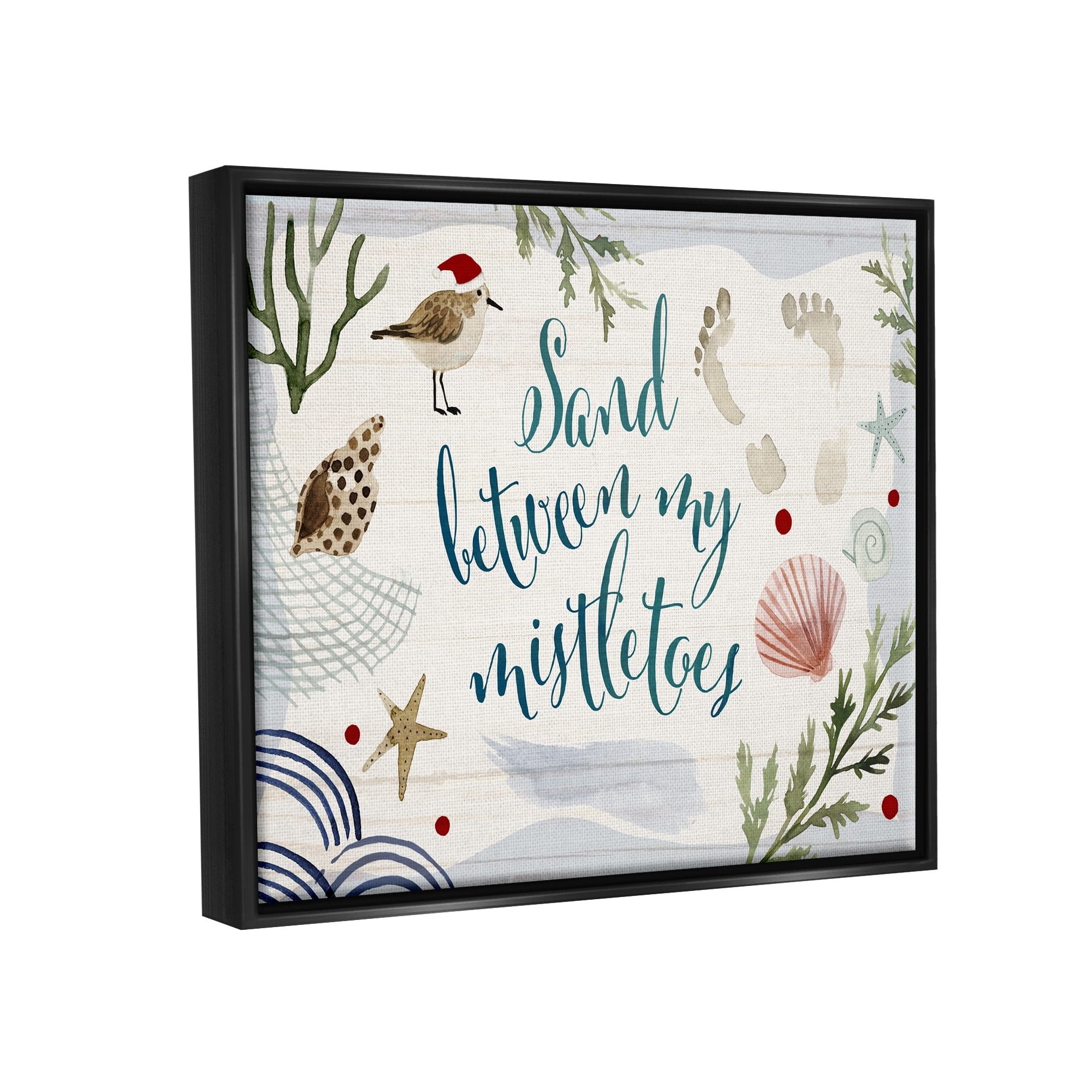 Stupell Industries Sand Between Mistletoes Phrase Nautical Beach Christmas Metallic Gold Framed Floating Canvas Wall Art, 16x20, by Victoria Barnes