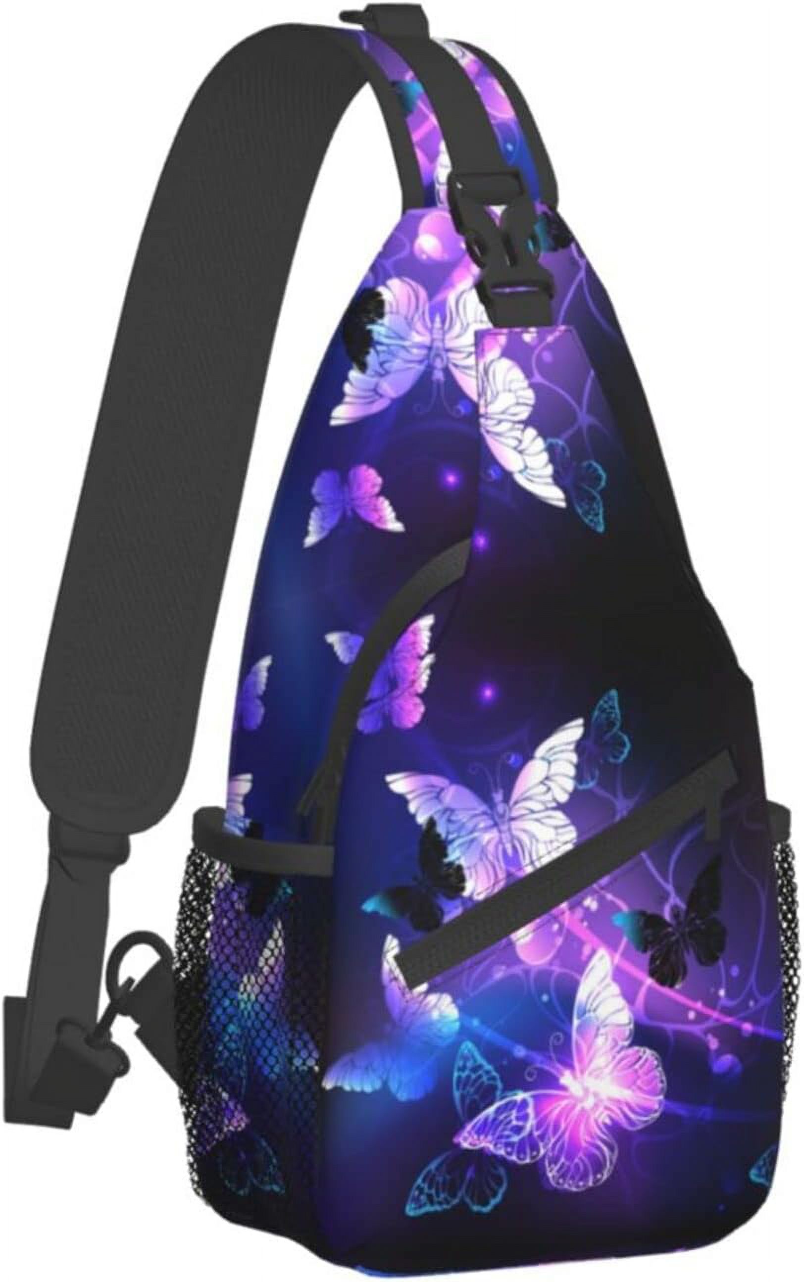 Purple Butterfly Glow In Dark Sling Bag Crossbody Hiking Travel Chest Bags Backpack Shoulder Daypack for Women Men