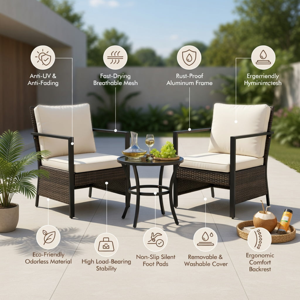 Hommoo 4-Piece Modern Outdoor Wicker Furniture Set with Tempered Glass Coffee Table, Rattan & Metal Frame, White
