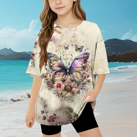 Fatuov Casual Graphic Tees for Kids Girls Round Neck Short Sleeve Lightweight Top for Home Cute Printed Clothing 7 Years