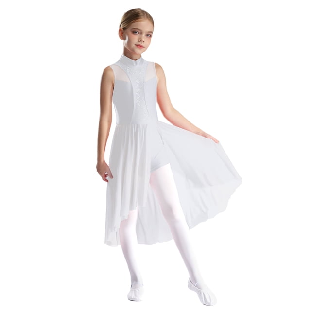 RUNQHUI Robe de Danse Ballet à Sequins pour Filles, Robe de Patinage Artistique Sans Manches Ourlet Irrégulier en Maille Blanc 16