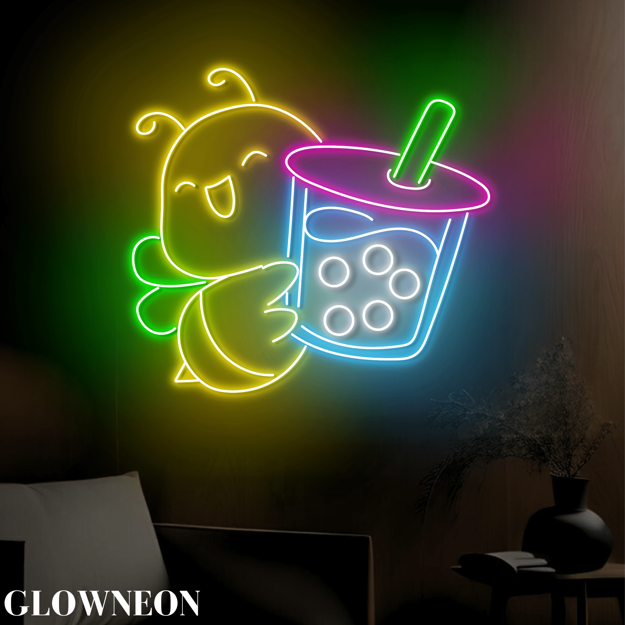 Glowneon Bee With Boba Tea Led Sign, Open Boba Milk Tea Shop Light