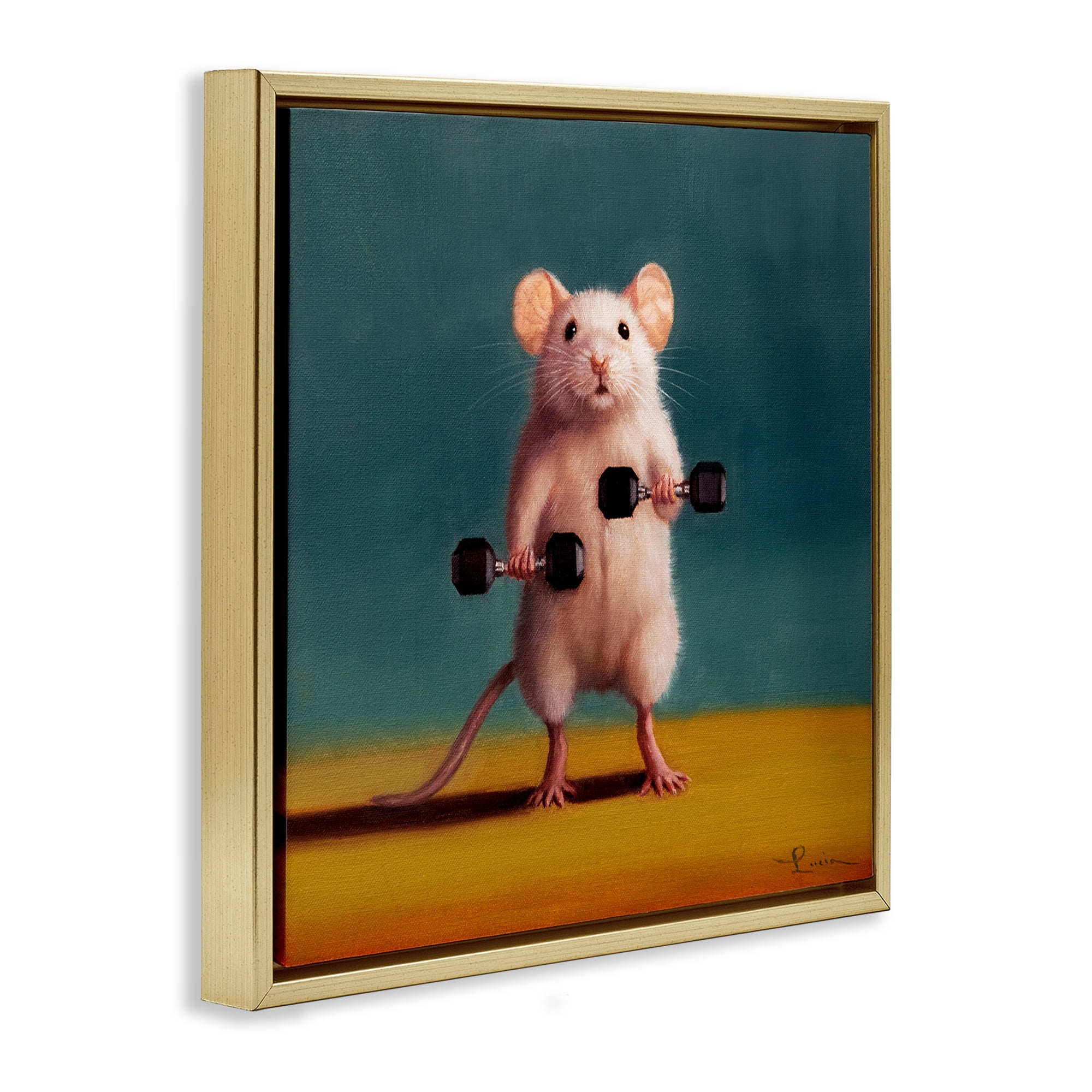 Stupell Industries Weight Lifting Mouse Animals Painting Gold Floater Framed Canvas Art Print Wall Art, 18 x 18