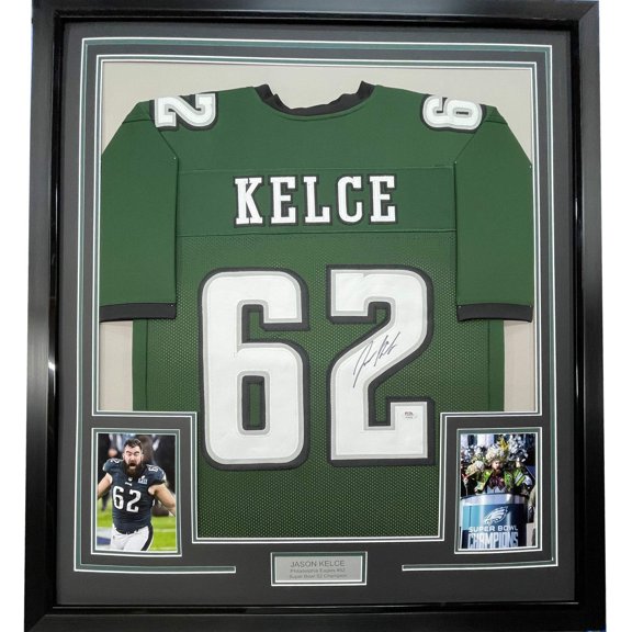 Framed Autographed/Signed Jason Kelce 35x39 Philadelphia Green Football Jersey PSA/DNA COA