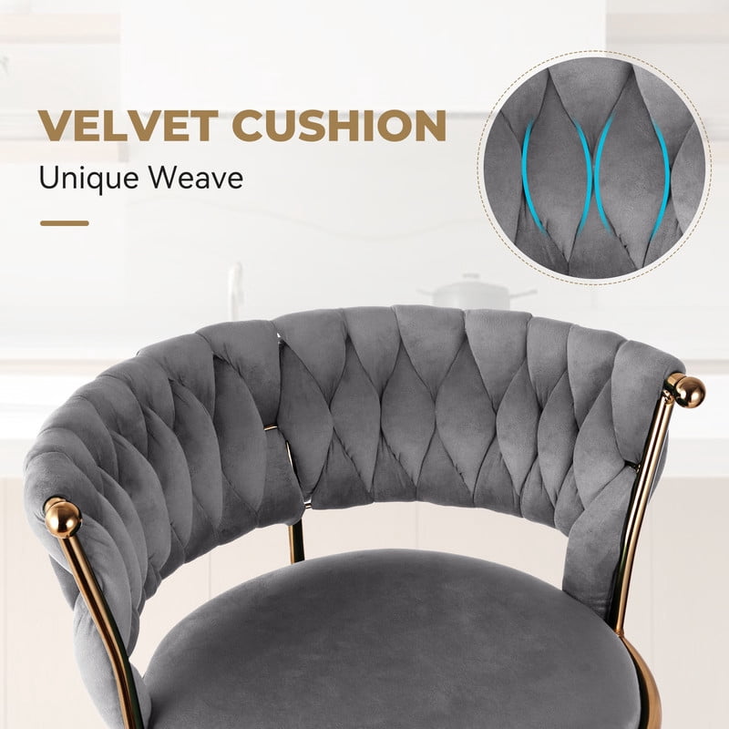 Hawsaiy Modern Velvet Bar Stools Set of 4, Adjustable Height Woven Back Bar Chairs with Footrest and Swivel for Kitchen Island & Dining Room, Dark Gray