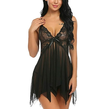 

Women Sexy Lingerie Set Solid Color Lace Deep V-neck Sling Nightdress Babydoll + G-String Thong Ladies Exotic Set Underwear