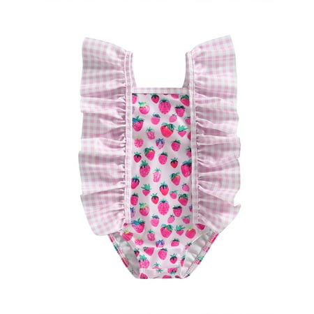 

Infant Baby Girls Romper Ice Cream Strawberry Print Ruffles Fly Sleeve Sleeveless Bikini Swimwear