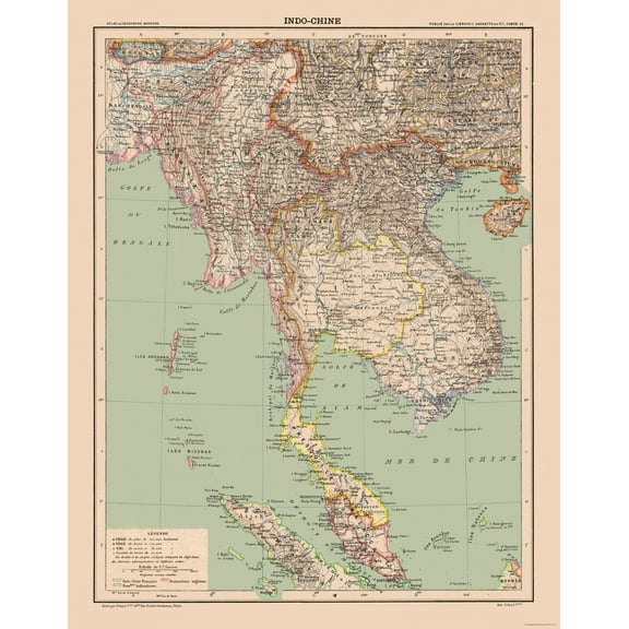Historic Map - Indochina - Schrader 1908 - 23 x 29.36 - Vintage Wall Art