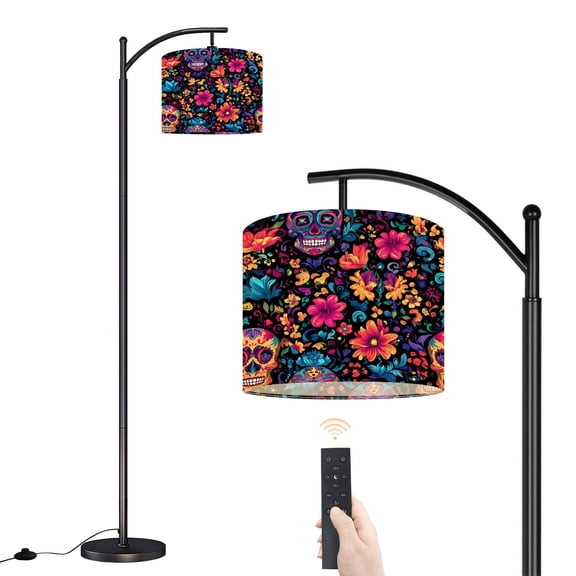 Arc Floor Lamp with Adjustable Lampshade Colorful Sugar Skull Floral Black Standing Lamp 3 Color Temperatures Dimmable Tall Pole Lamp with Foot Switch for Bedroom