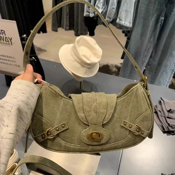 Women's Olive Green PU Leather Underarm Bag Vintage Hobo Shoulder Handbag with Contrast Strap Lightweight Casual Crossbody Purse for Daily Commute Travel