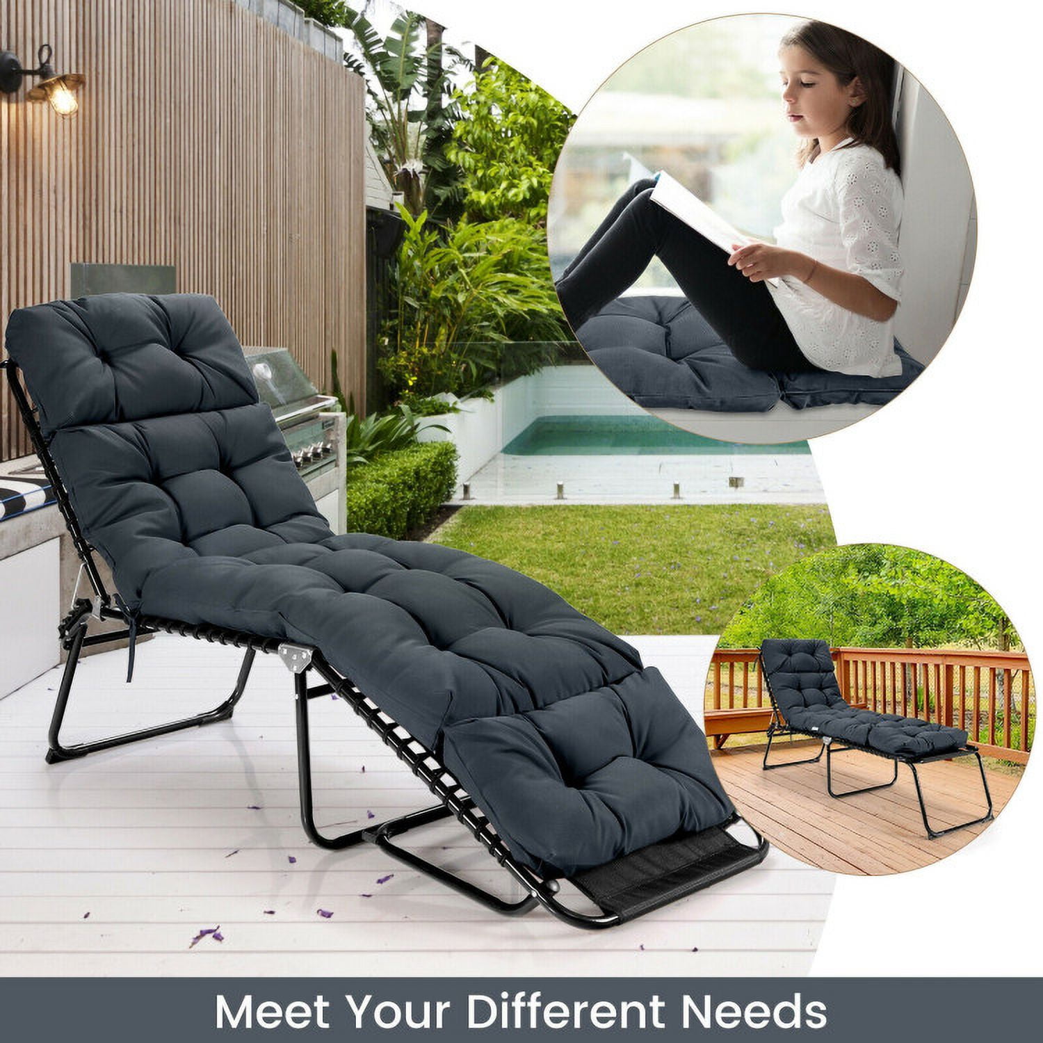 Aimee Lii Outdoor Lounge Chaise Cushion with String Ties for Garden Poolside, Gray