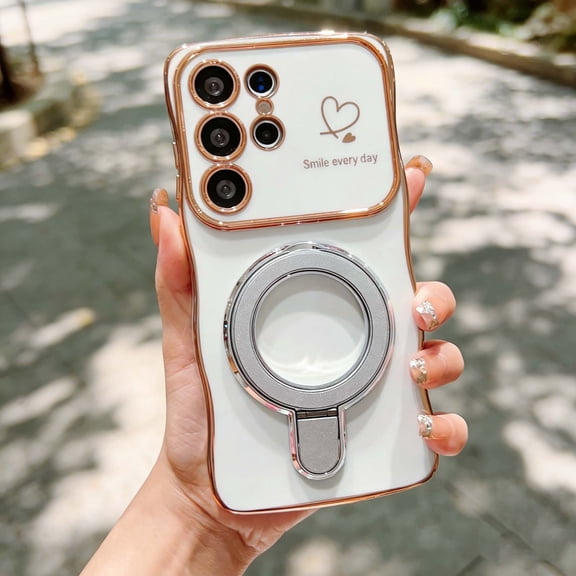 For Samsung Galaxy S26  Phone Case,With Contractile Ring Kickstand,Cute Luxury Electroplated Heart Print Wavy Frame Design,Shockproof Anti-fall Non-Slip Durable Phone Case Cover,White