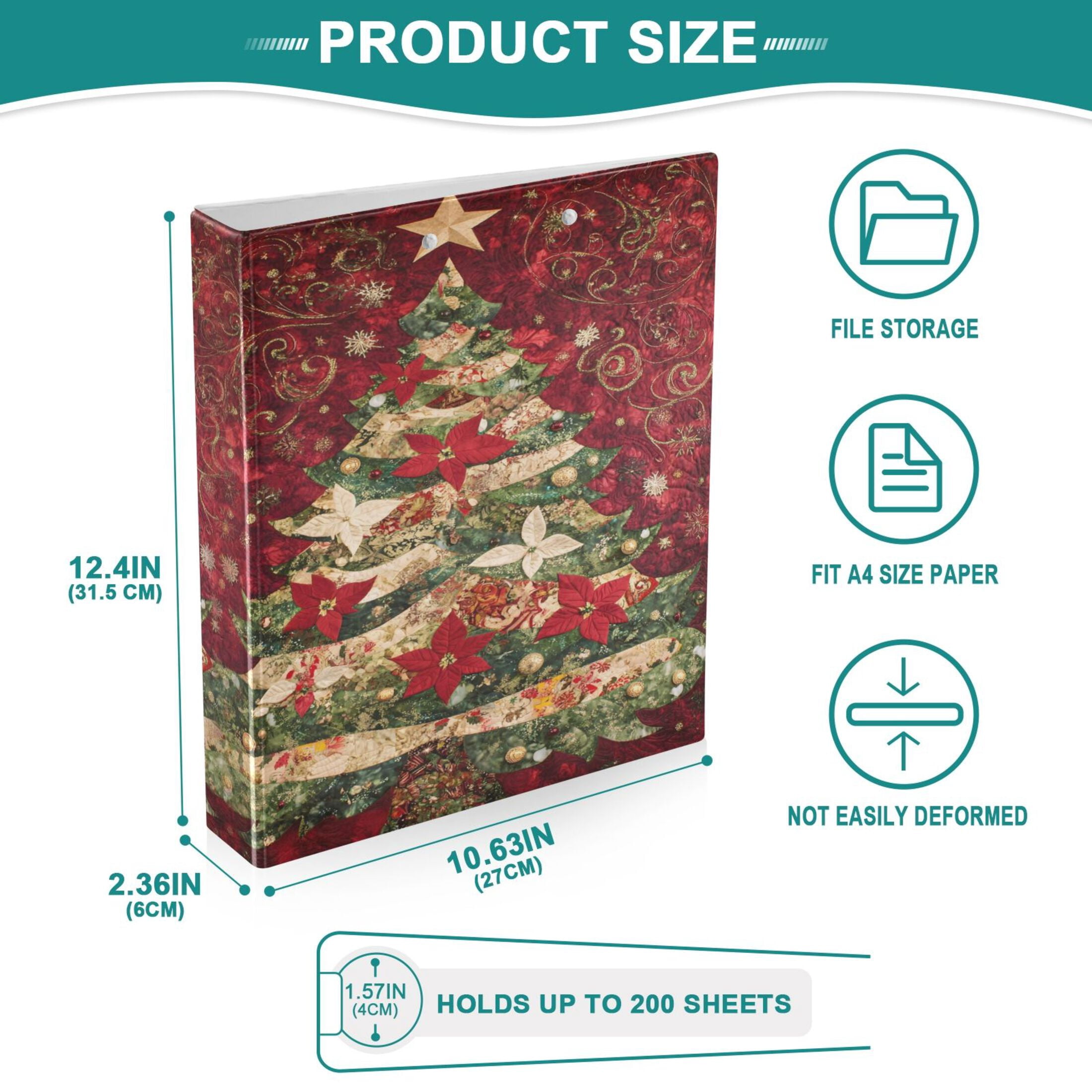 joogoo Poinsettia Flower Christmas Tree Hardcover 3 Ring Binder 1.5" Round Rings Interior Pockets Binders Organizer 1 Pack