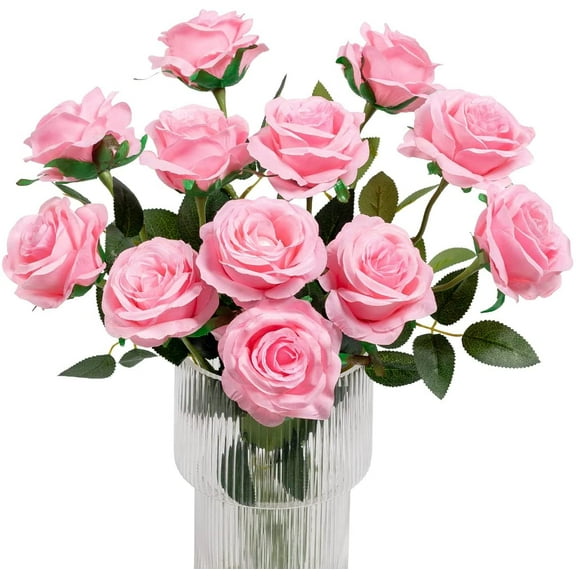 Morttic 12Pcs Roses Artificial Flowers Realistic Single Stem Flowers Silk Rose Bouquet for Wedding Party Office Home Decor (Pink)