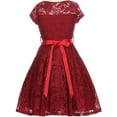 thumbnail image 2 of Big Girl Cap Sleeve Lace Skater Stone Belt Flower Girls Dresses (19JK88S) Burgundy 16, 2 of 4