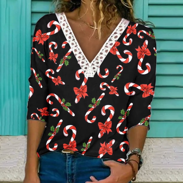 Pntutb Mujer Navidad Moda Impreso Encaje Manga Larga Blusa Cuello V Casual tops PNTUTB Pntutb-6440