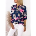 thumbnail image 3 of Mandarin Collar Elbow Sleeve Printed Button Down Blouse for Women Blue Large, 3 of 4