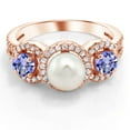 thumbnail image 2 of Gem Stone King 1.40 Ct Round Blue Tanzanite 18K Rose Gold Plated Silver Cultured Freshwater Pearl Ring, 2 of 3