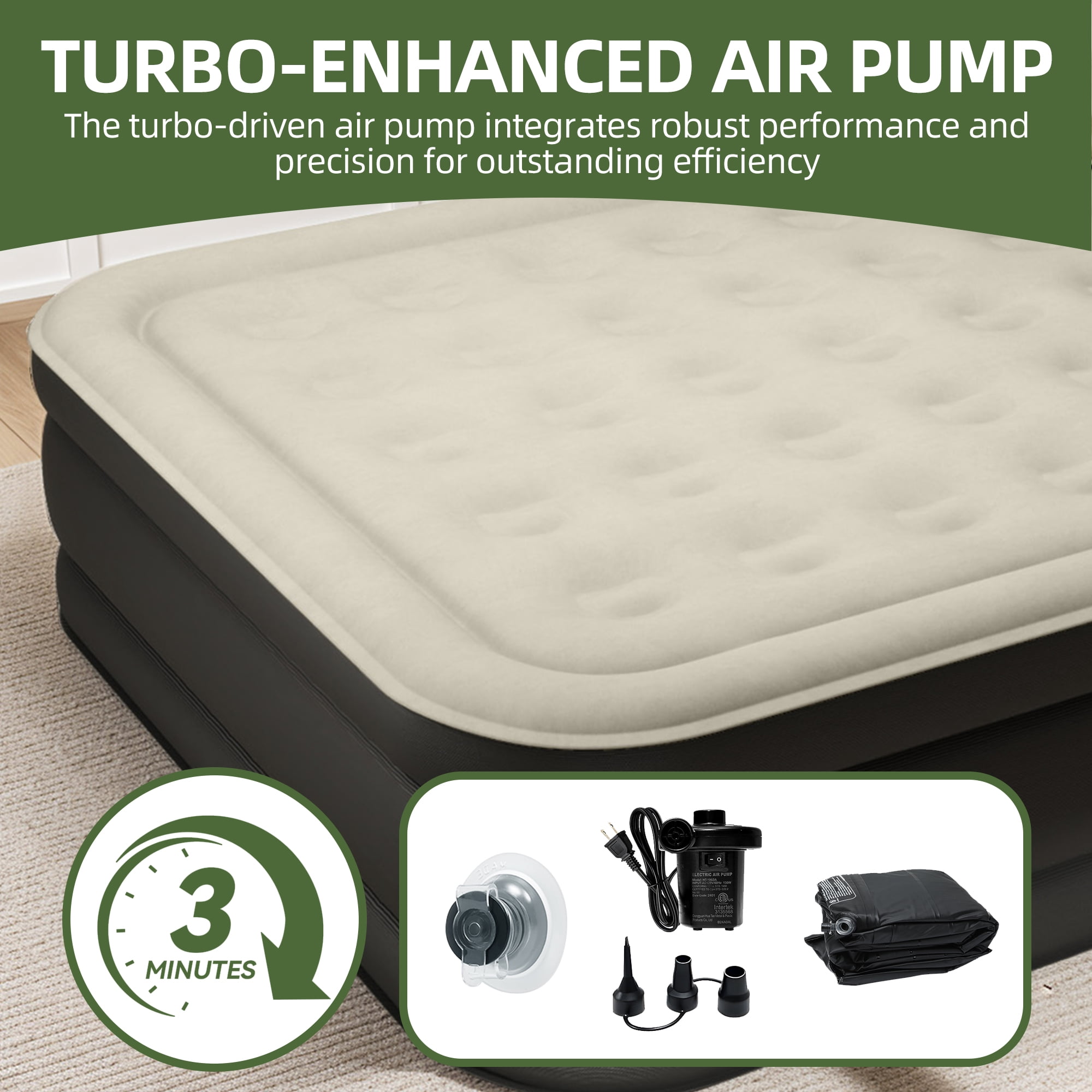 Uforic Queen Size Air Mattress with Built-in Headboard and Inflation Pump, 18in Deluxe Flocked Top Air Mattress, Sturdy Blow-Up Bed for Home & Visitors, Black