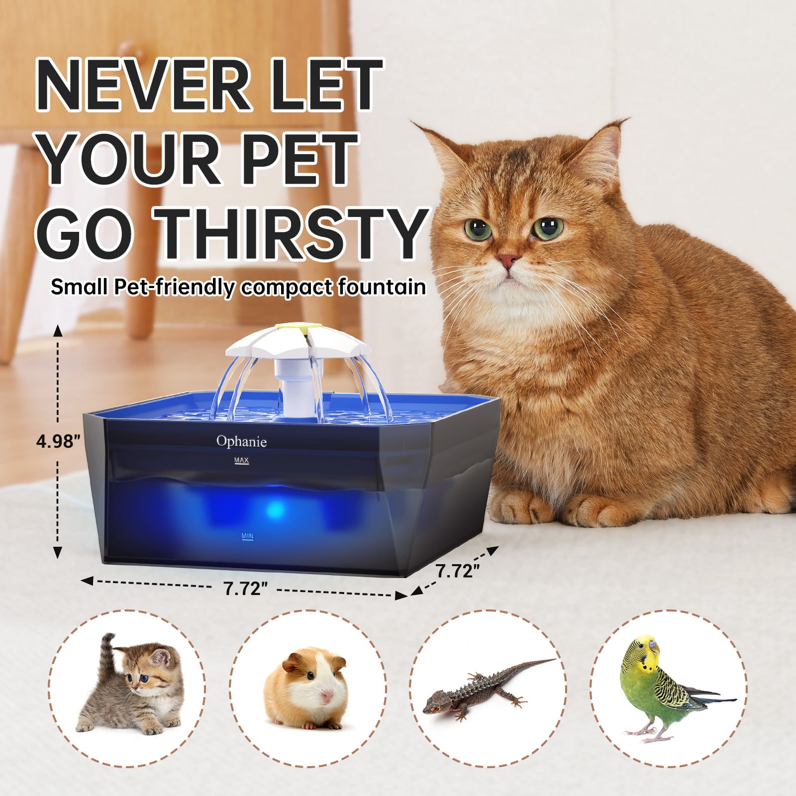 Ophanie 50oz Small Pet-Friendly Cat Water Fountain with Quiet Pump, Easy to Clean & Assemble, Mini Pet Water Dispenser, Blue