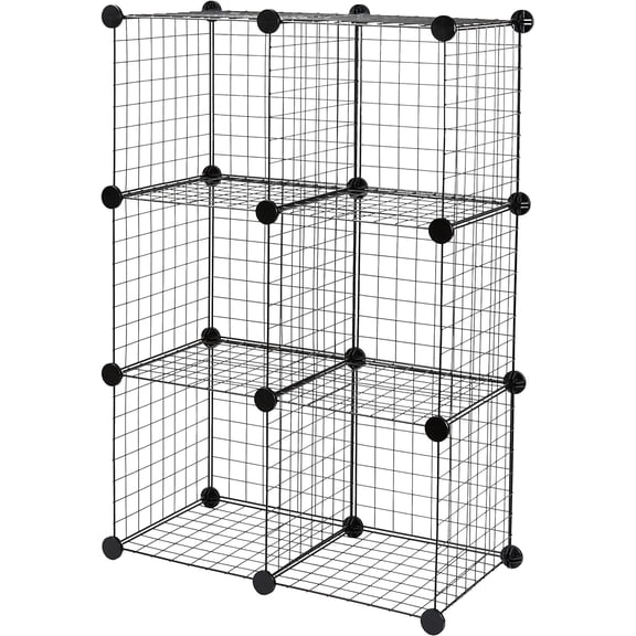 6-Cube Wire Grid Storage Organizer, Stackable Metal Shelving Unit with No-Tool Assembly, 26”W x 38”H x 12.6”D, Black