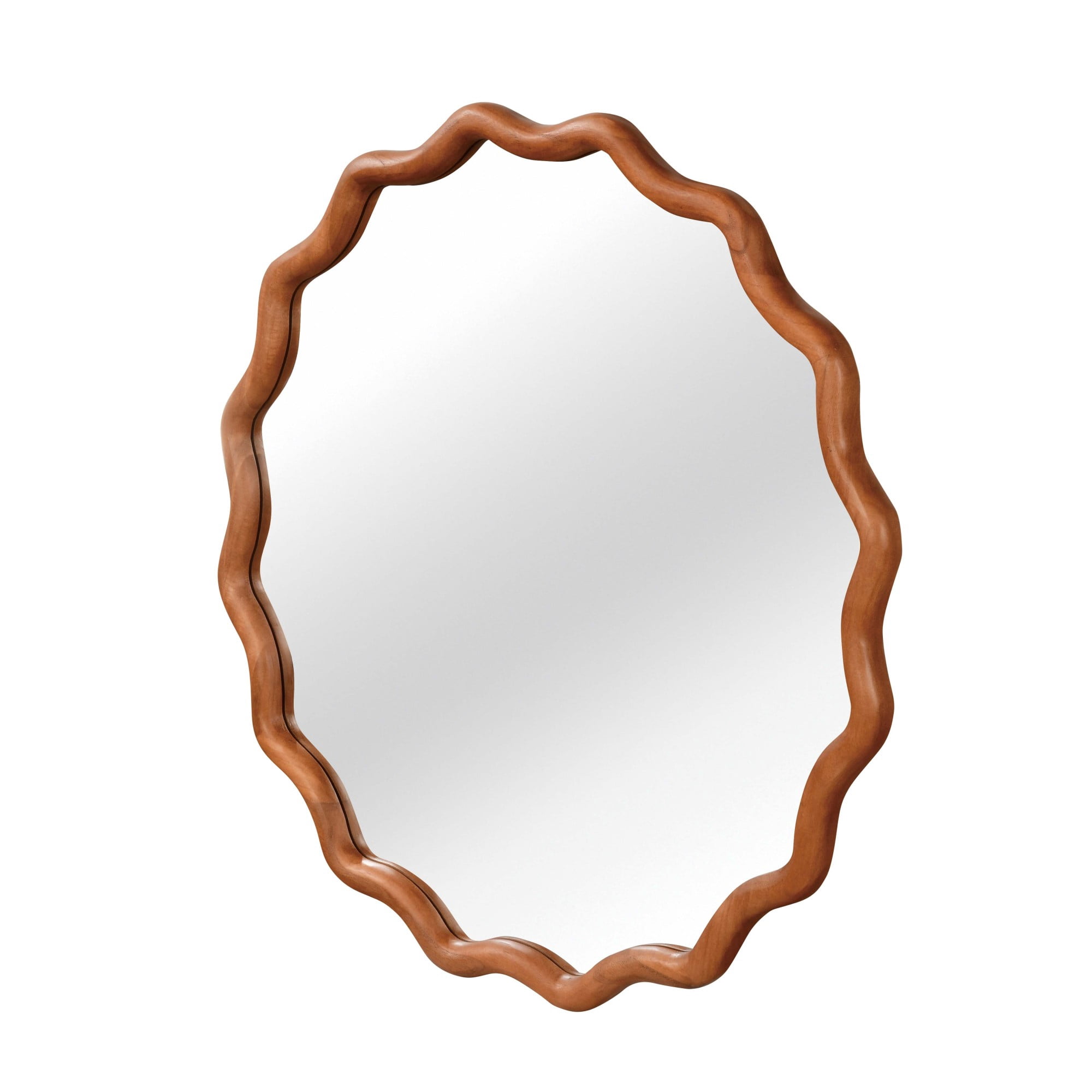 Leumius 30" Wavy Round Mirror, Solid Wood Frame Decorative Mirror for Bedroom Bathroom Living Room Entryway Brown