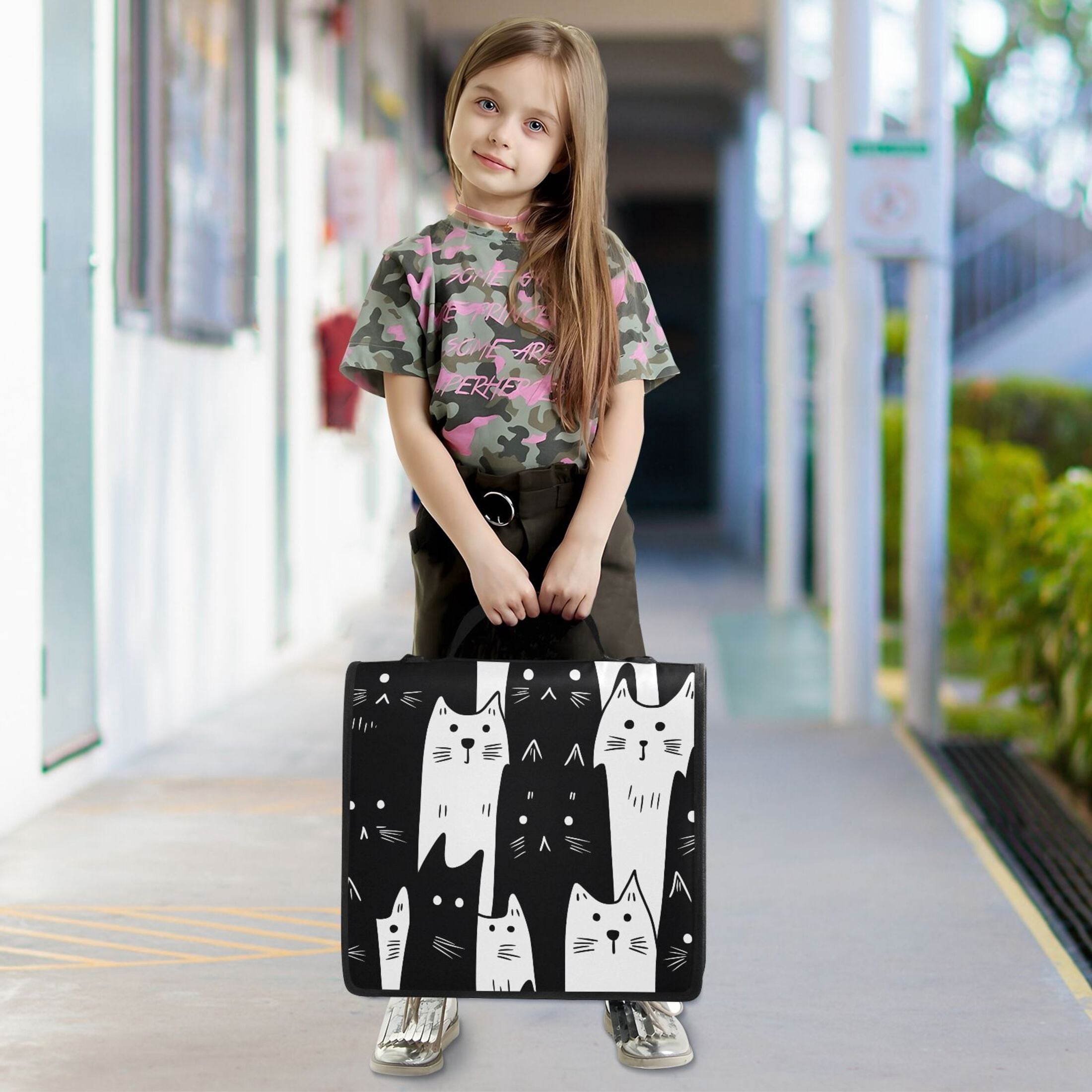 3 Ring Zipper Binder with Shoulder Strap Waterproof Trapper Keeper 2 Inch D-Ring 500 Sheets Capacity White Black Cat