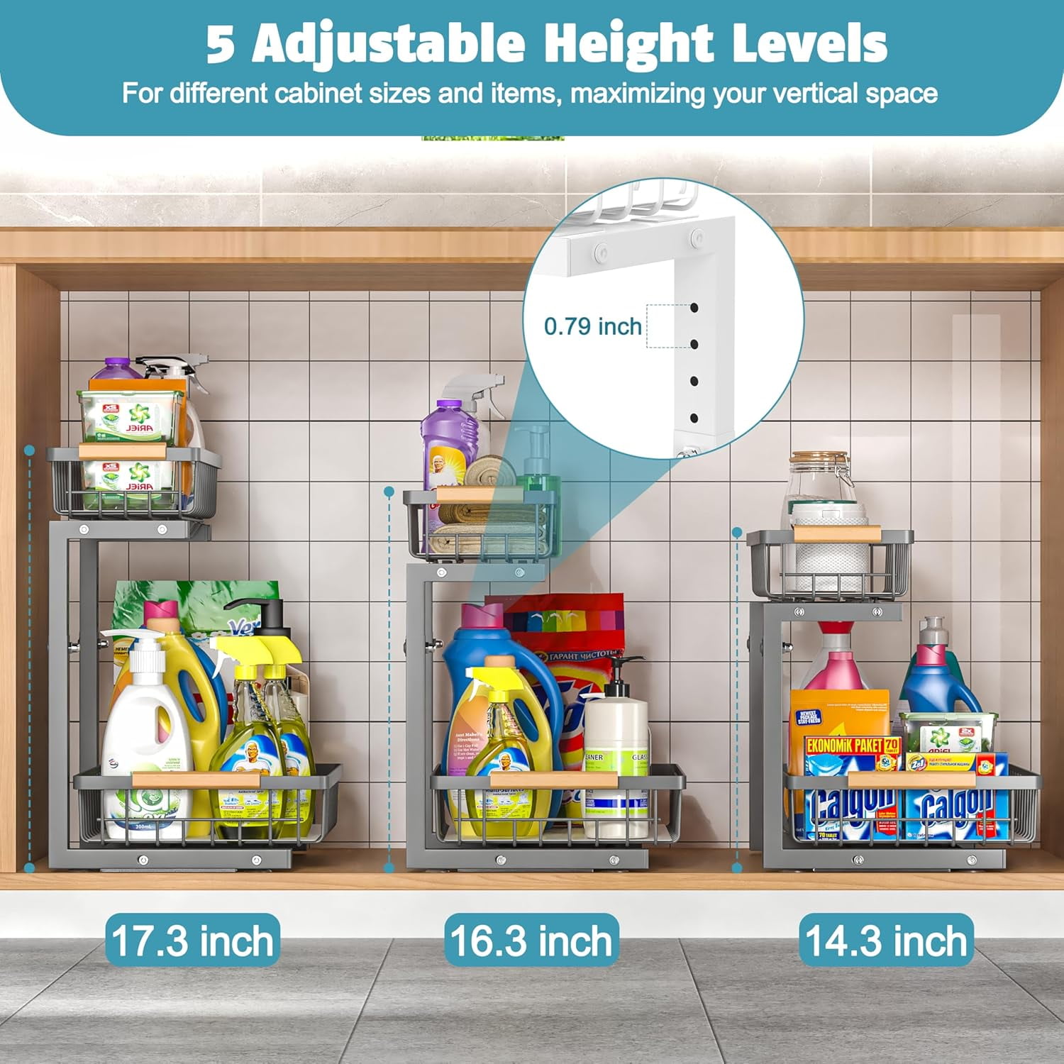 Under Sink Organizer 1 pack, 2 Tier Slide Out Under Sink Organizers And Storage, Height Adjustable Pull Out Cabinet Organizer Drawers, Kitchen Bathroom Metal Sink Storage Shelves