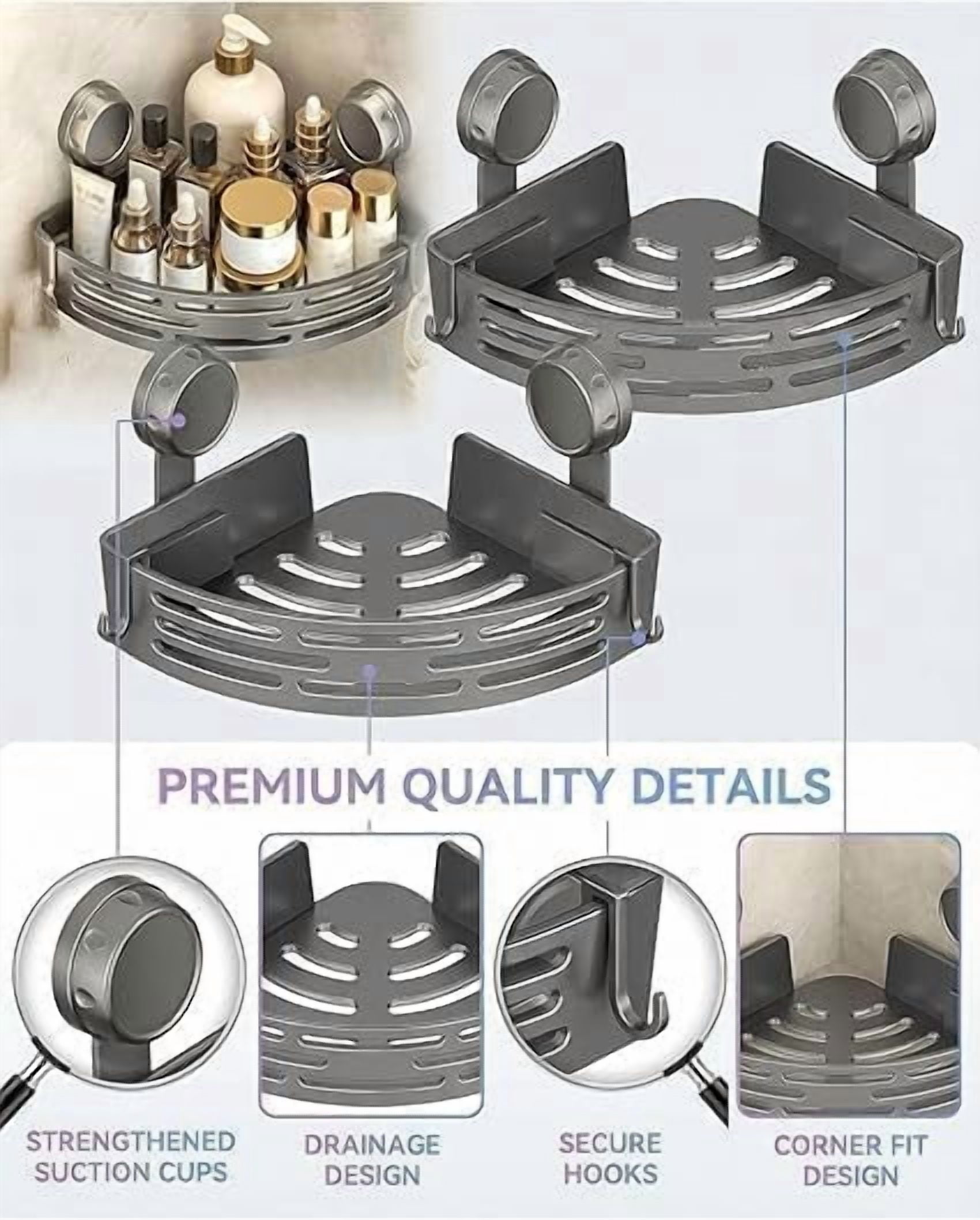 2026 New Suction Cup Corner Shower Shelf, No-Drill Bathroom Corner Shelf Strong, Waterproof Suction Cup, Bathroom Organizers and Storage Countertop for Bathroom Kitchen (Black+Grey)